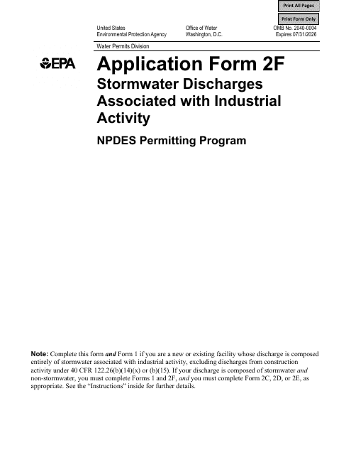 NPDES Form 2F (EPA Form 3510-2F) Application for Npdes Permit to Discharge Wastewater - Stormwater Discharges Associated With Industrial Activity
