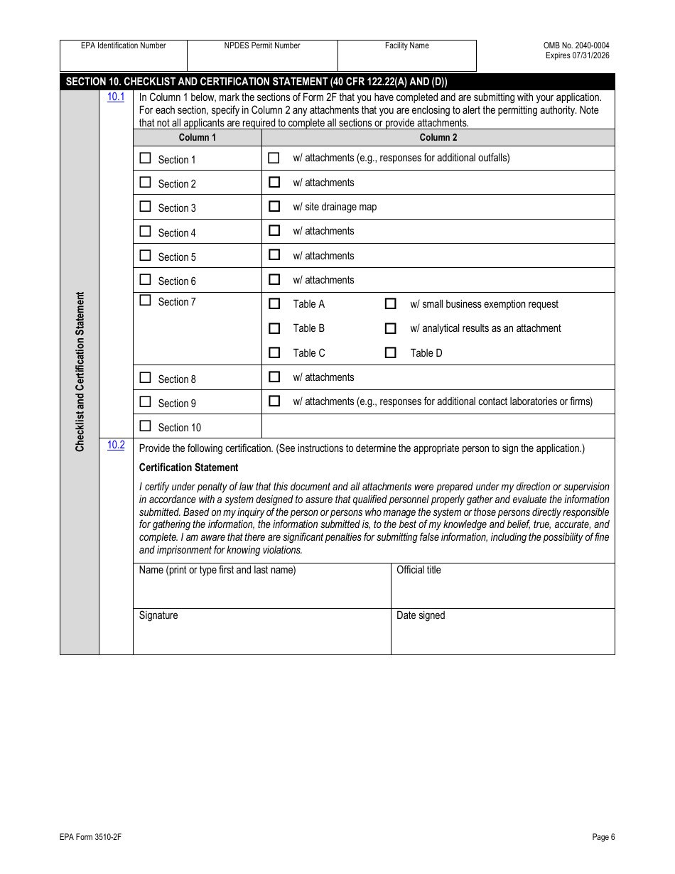 NPDES Form 2F (EPA Form 3510-2F) Application for Npdes Permit to Discharge Wastewater - Stormwater Discharges Associated With Industrial Activity, Page 22