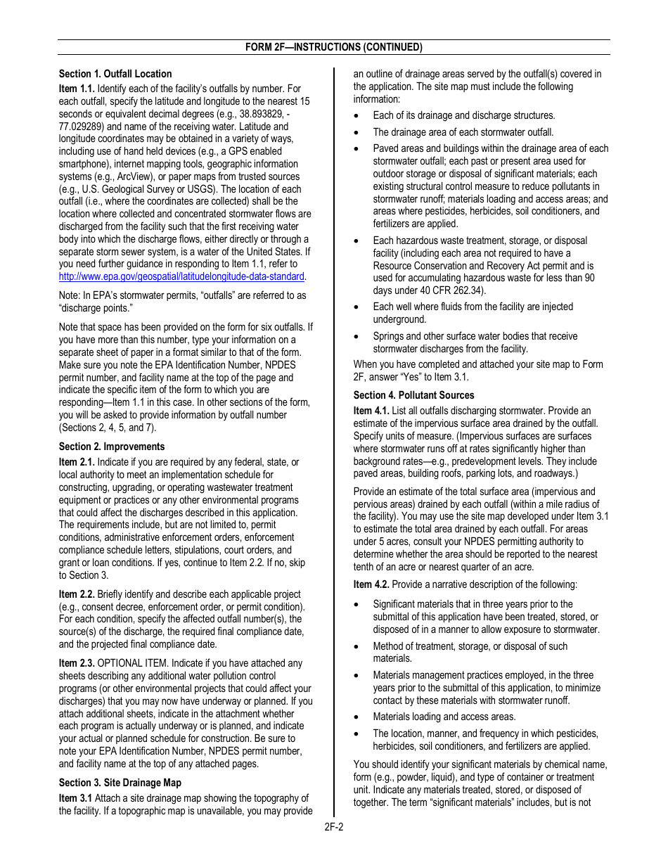 NPDES Form 2F (EPA Form 3510-2F) Application for Npdes Permit to Discharge Wastewater - Stormwater Discharges Associated With Industrial Activity, Page 4