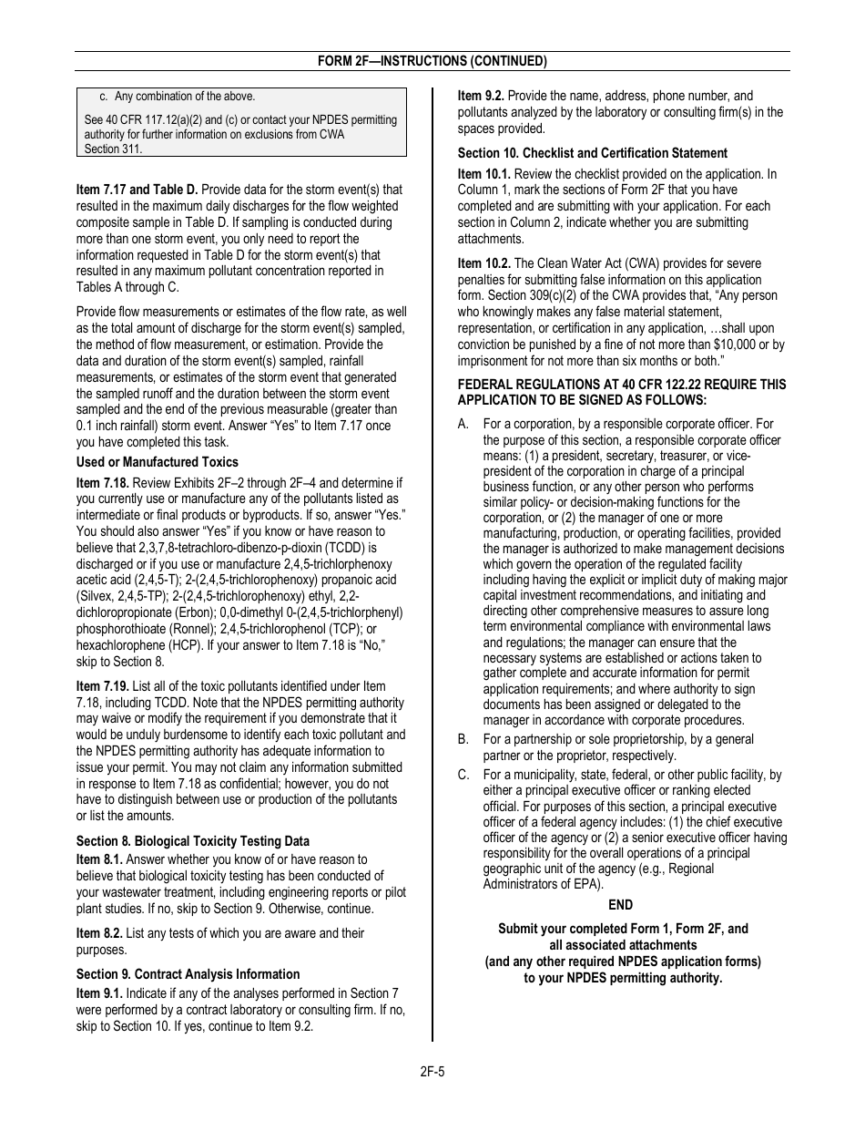 NPDES Form 2F (EPA Form 3510-2F) Application for Npdes Permit to Discharge Wastewater - Stormwater Discharges Associated With Industrial Activity, Page 7