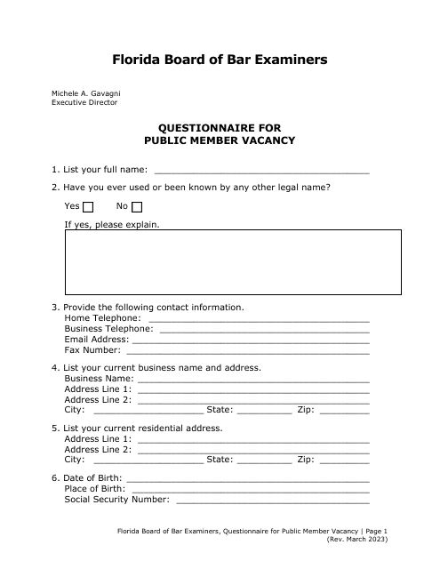 Questionnaire for Public Member Vacancy - Florida Download Pdf