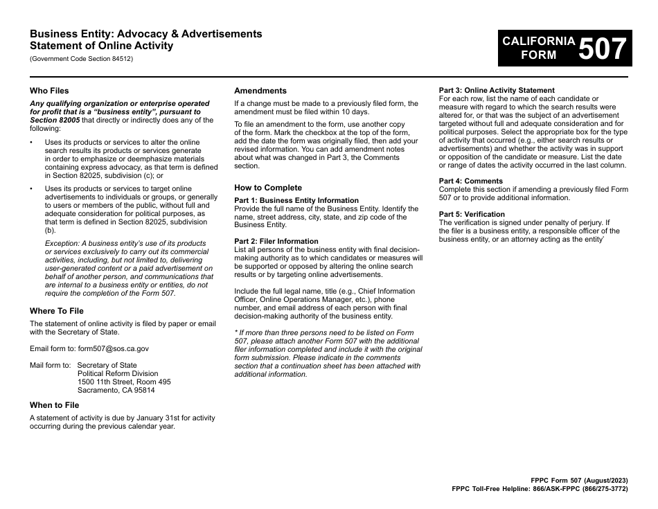 FPPC Form 507 Business Entity: Advocacy and Advertisements Statement of Online Activity - California, Page 1