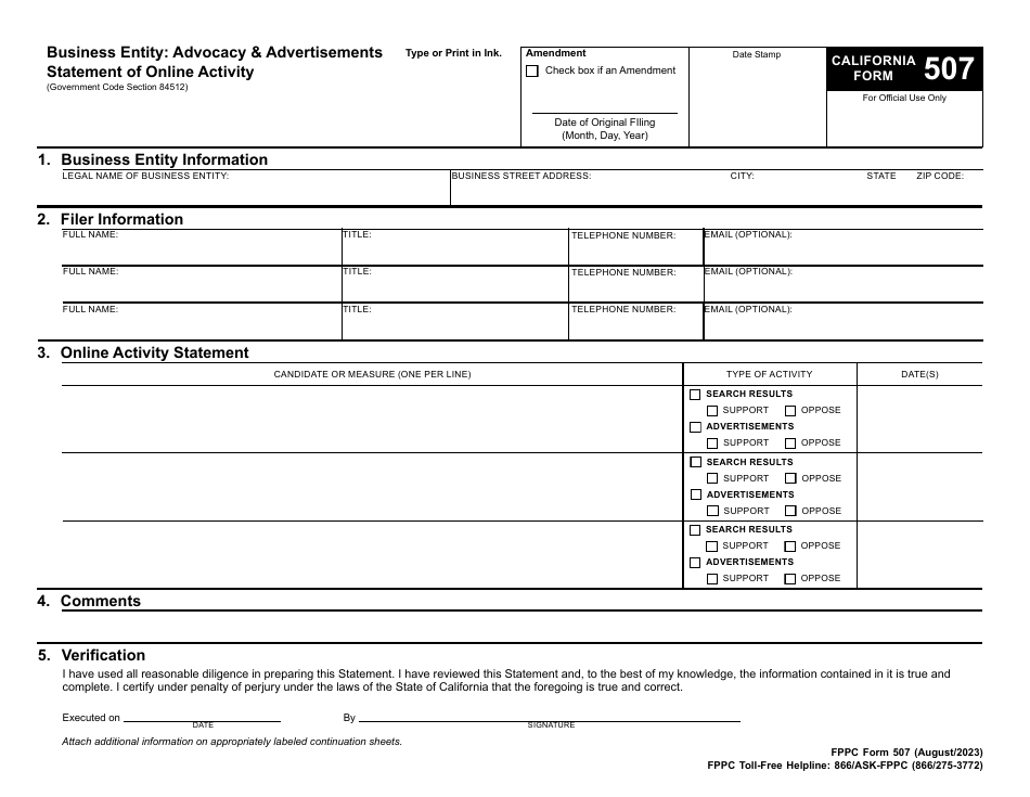 FPPC Form 507 Business Entity: Advocacy and Advertisements Statement of Online Activity - California, Page 2