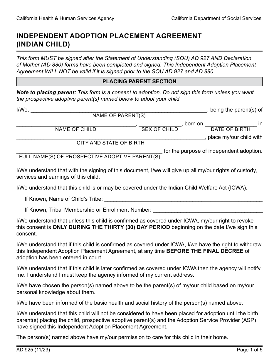 Form AD925 Independent Adoption Placement Agreement (Indian Child) - California, Page 1