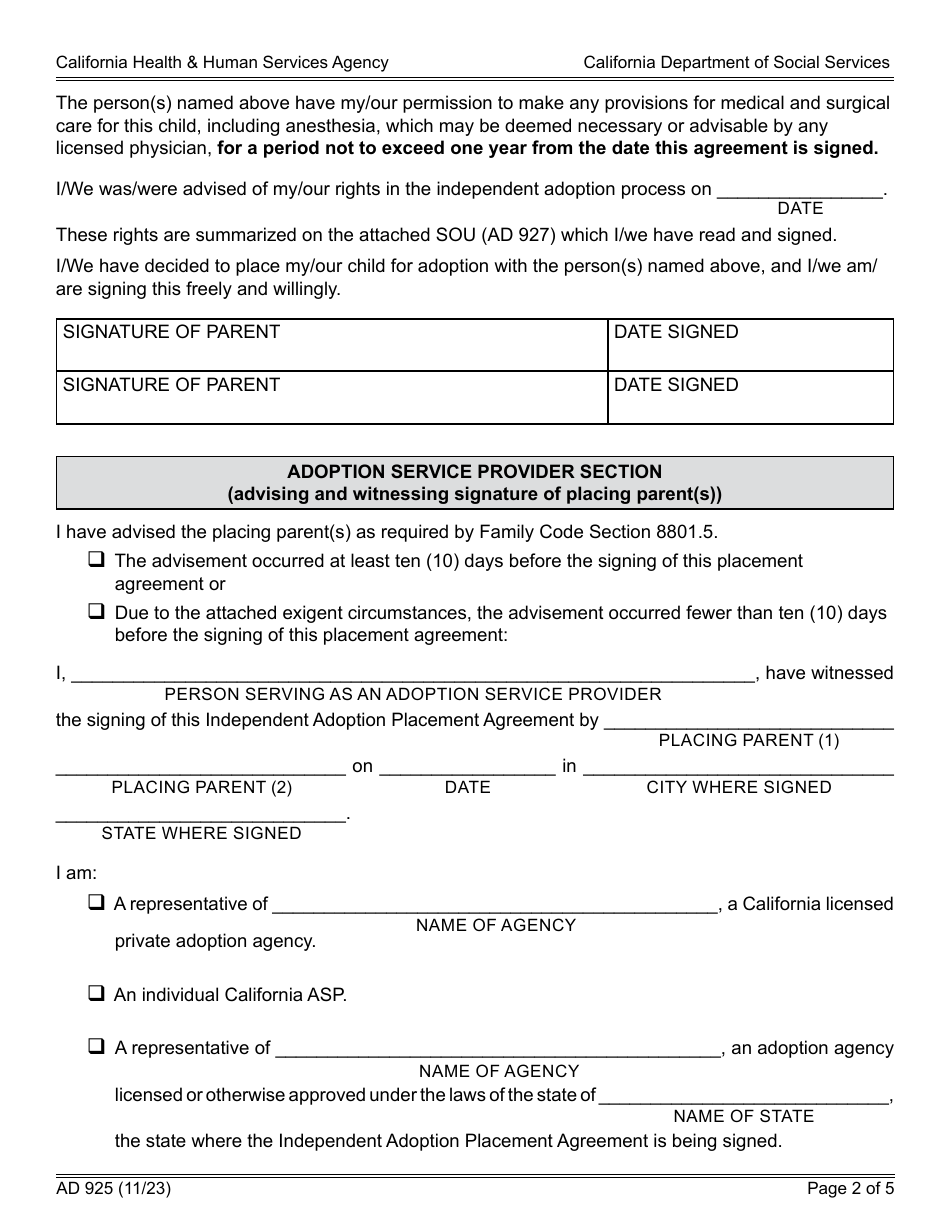 Form AD925 Independent Adoption Placement Agreement (Indian Child) - California, Page 2