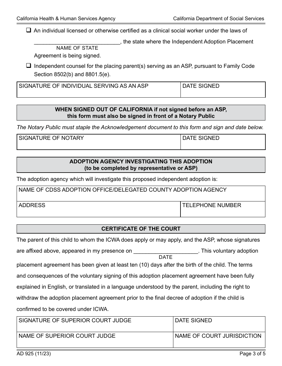 Form AD925 Independent Adoption Placement Agreement (Indian Child) - California, Page 3
