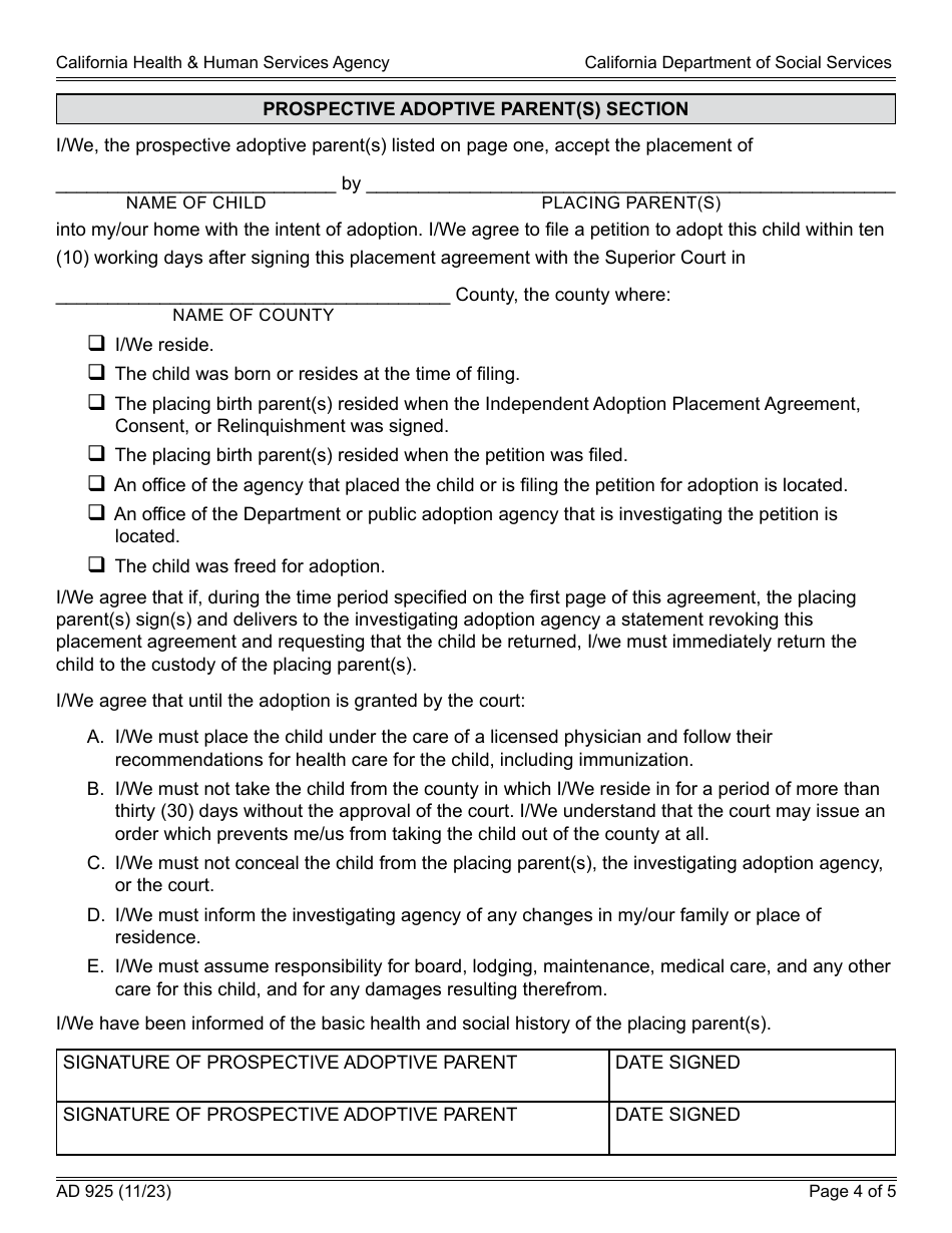 Form AD925 Independent Adoption Placement Agreement (Indian Child) - California, Page 4