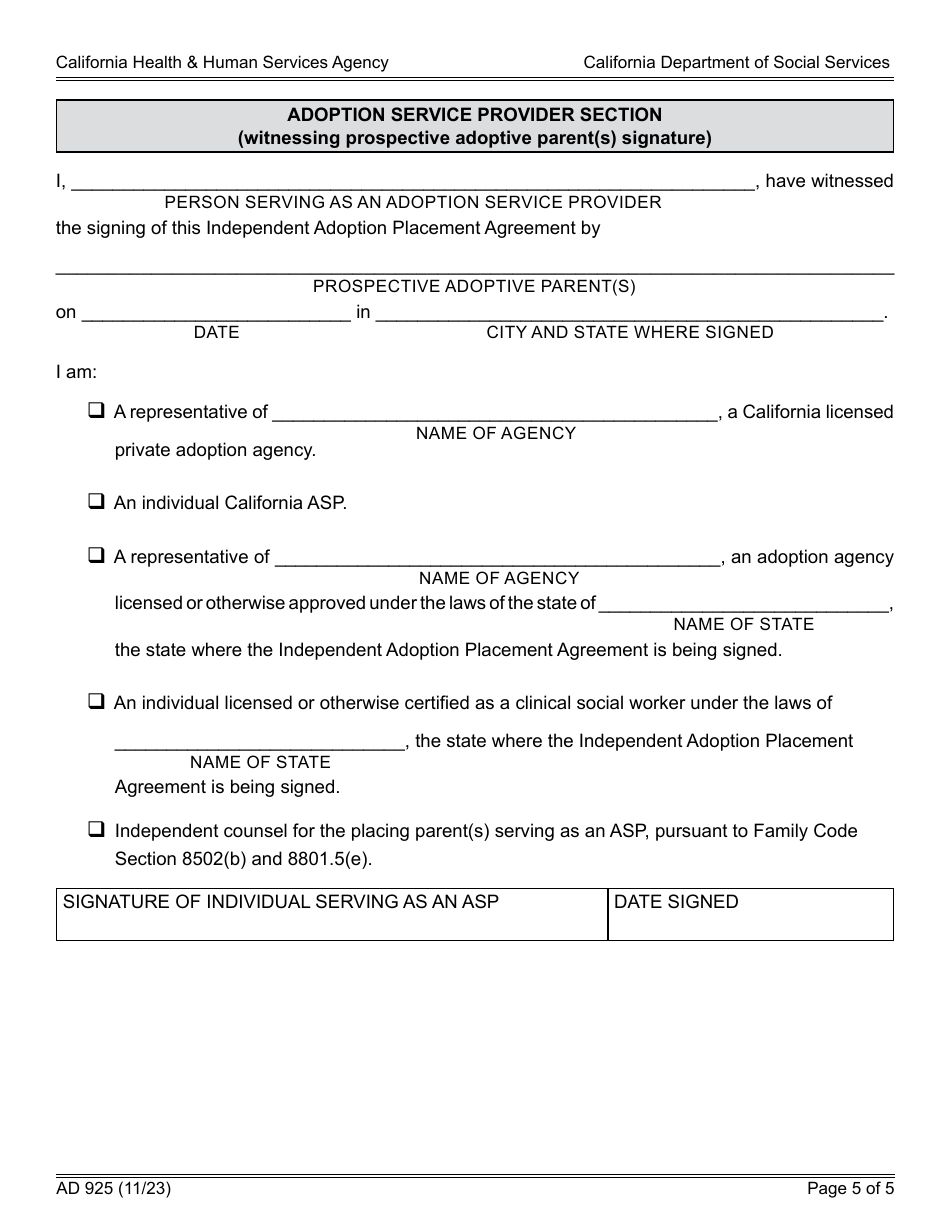 Form AD925 Independent Adoption Placement Agreement (Indian Child) - California, Page 5