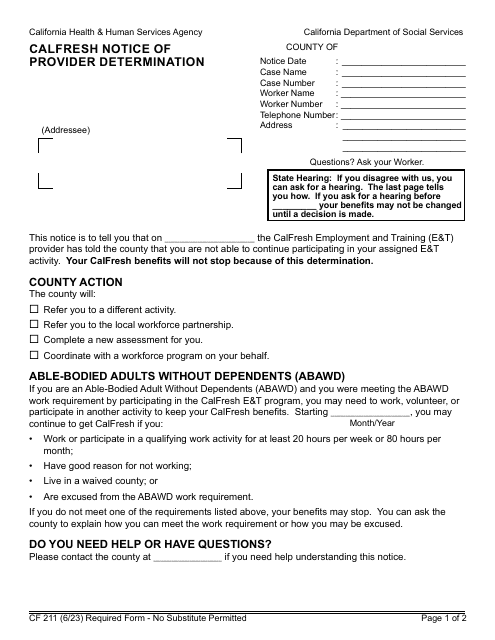 Form CF211 CalFresh Notice of Provider Determination - California