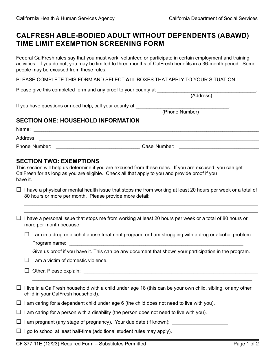 Form CF377.11E CalFresh Able-Bodied Adult Without Dependents (Abawd) Time Limit Exemption Screening Form - California, Page 1