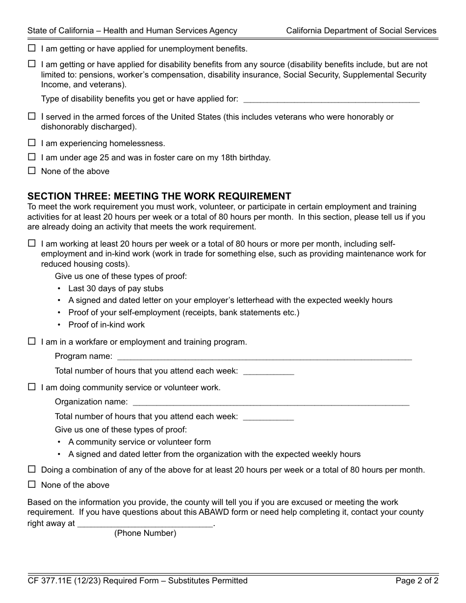 Form CF377.11E CalFresh Able-Bodied Adult Without Dependents (Abawd) Time Limit Exemption Screening Form - California, Page 2