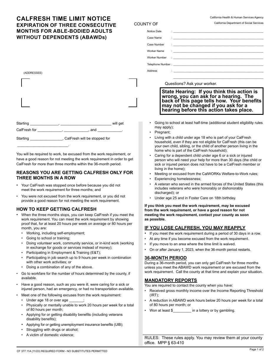Form CF377.11A CalFresh Time Limit Notice - Expiration of Three Consecutive Months for Able-Bodied Adults Without Dependents (Abawds) - California, Page 1