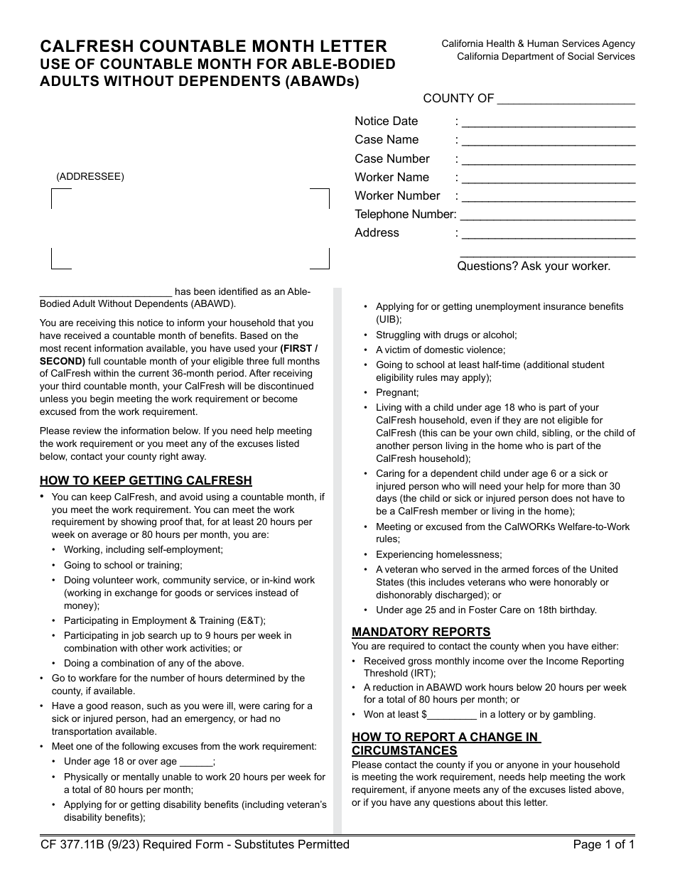 Form CF377.11B CalFresh Countable Month Letter - Use of Countable Month for Able-Bodied Adults Without Dependents (Abawds) - California, Page 1