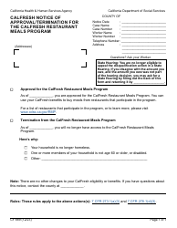 Document preview: Form CF889 CalFresh Notice of Approval/Termination for the CalFresh Restaurant Meals Program - California