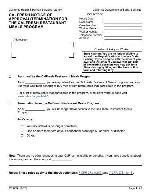 Form CF889 CalFresh Notice of Approval/Termination for the CalFresh Restaurant Meals Program - California