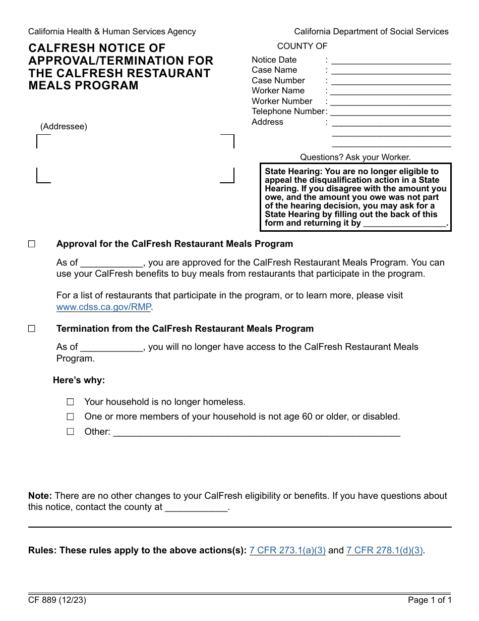 Form CF889 CalFresh Notice of Approval / Termination for the CalFresh Restaurant Meals Program - California, Page 1