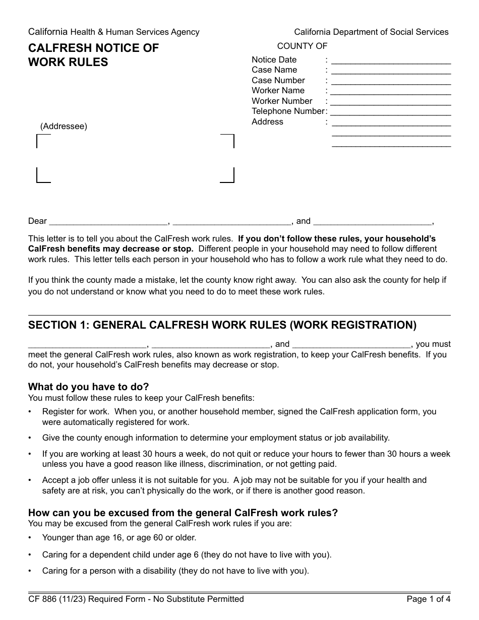 Form CF886 CalFresh Notice of Work Rules - California, Page 1
