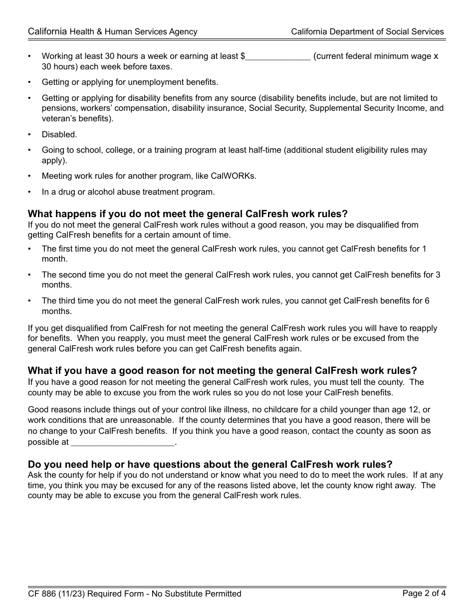 Form CF886 CalFresh Notice of Work Rules - California, Page 2