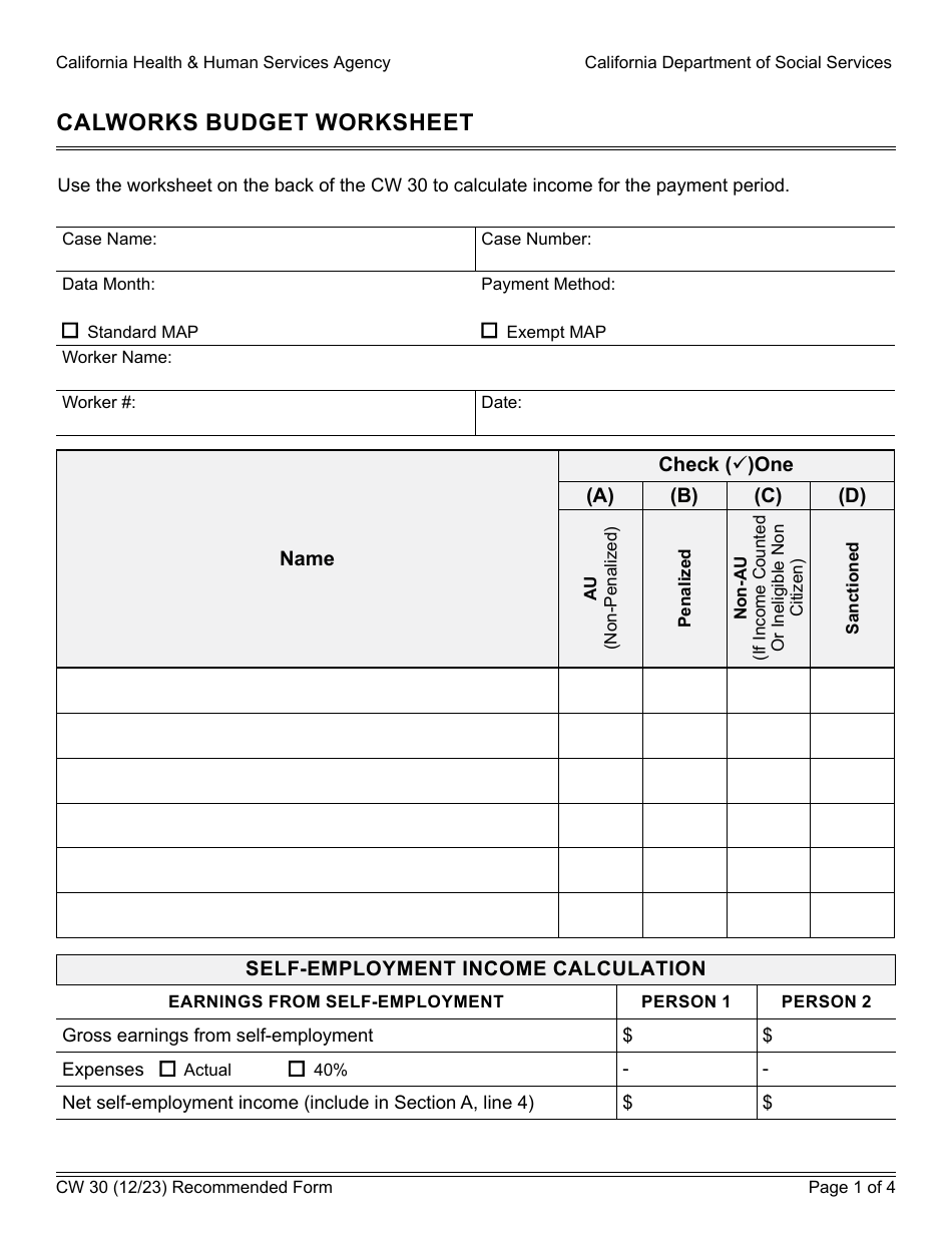 Form CW30 Calworks Budget Worksheet - California, Page 1