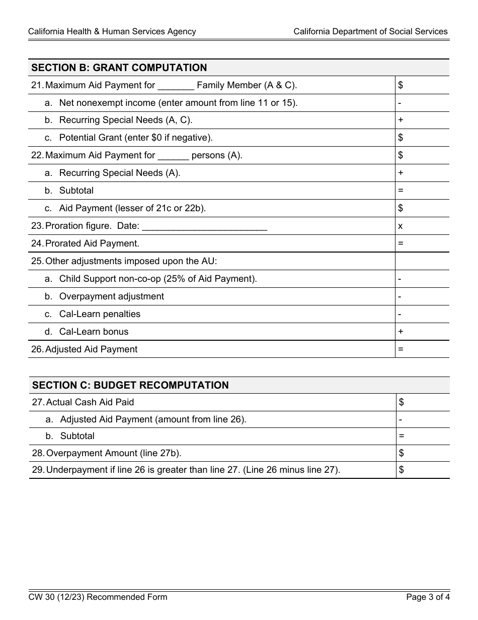 Form CW30 Calworks Budget Worksheet - California, Page 3