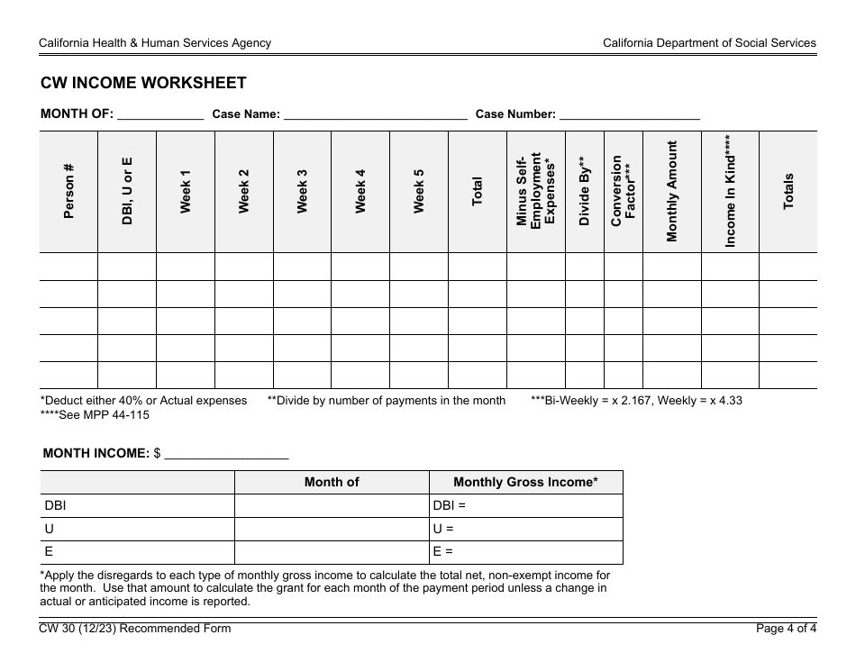 Form CW30 Calworks Budget Worksheet - California, Page 4