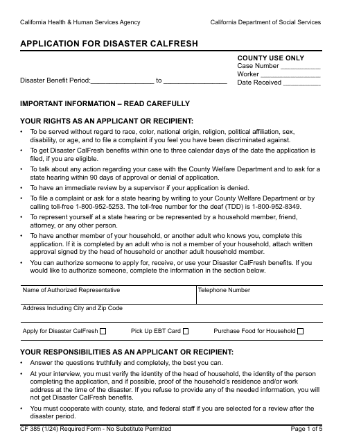 Form CF385 Application for Disaster Calfresh - California