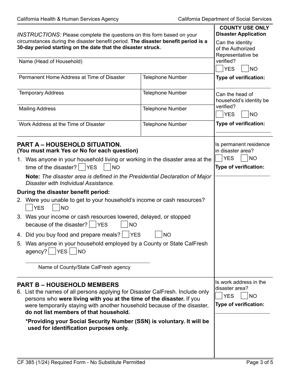 Form CF385 Application for Disaster Calfresh - California, Page 3