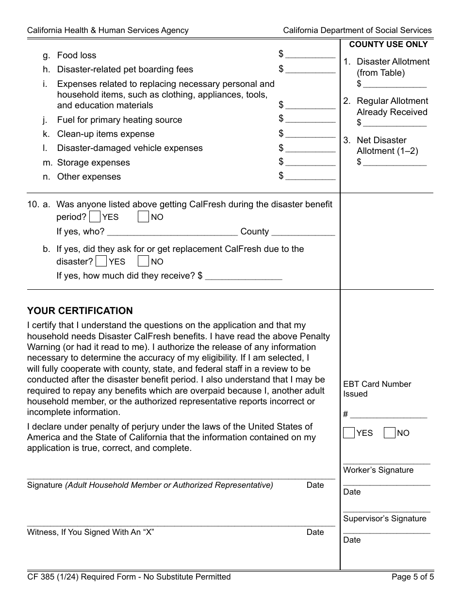 Form CF385 Application for Disaster Calfresh - California, Page 5