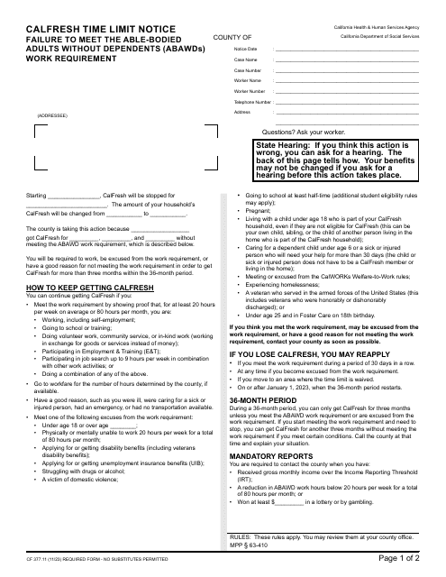 Form CF377.11 CalFresh Time Limit Notice - Failure to Meet the Able-Bodied Adults Without Dependents (Abawds) Work Requirement - California