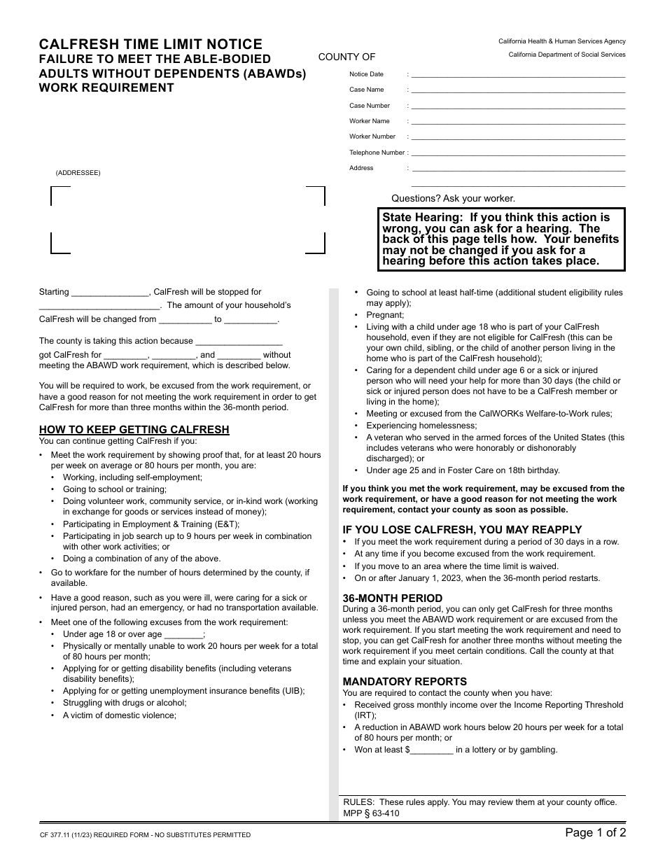 Form CF377.11 CalFresh Time Limit Notice - Failure to Meet the Able-Bodied Adults Without Dependents (Abawds) Work Requirement - California, Page 1