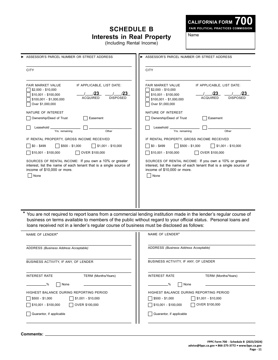 FPPC Form 700 Schedule B Interests in Real Property (Including Rental Income) - California, Page 1