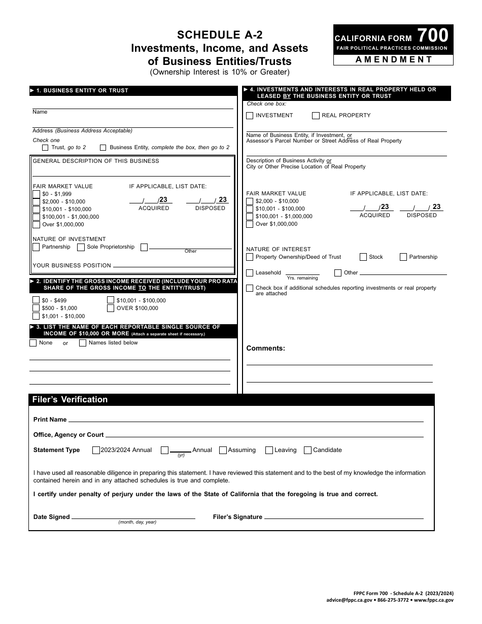 FPPC Form 700 Schedule A-2 Investments, Income, and Assets of Business Entities / Trusts (Ownership Interest Is 10% or Greater) - Amendment - California, Page 1