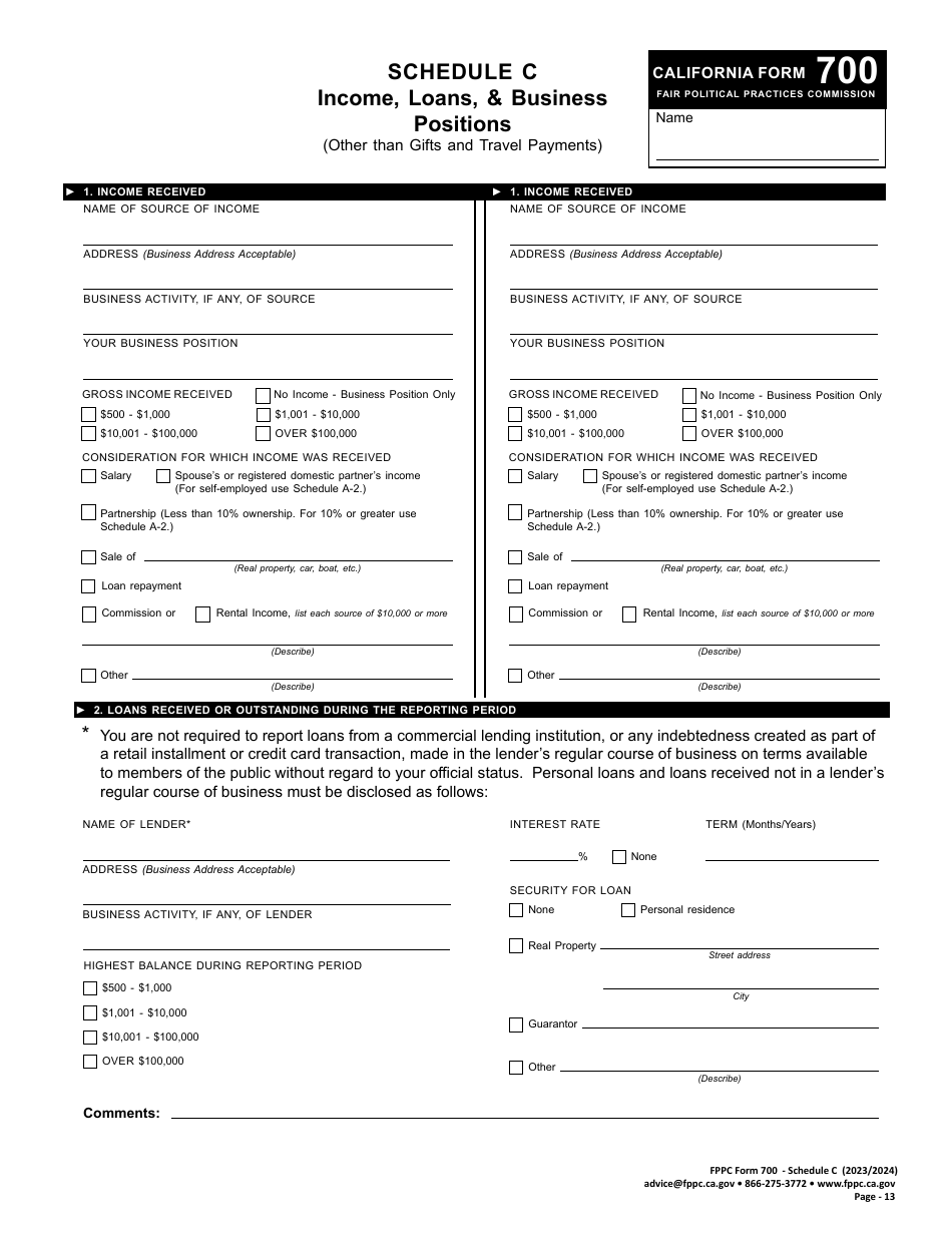 FPPC Form 700 Schedule C Income, Loans,  Business Positions (Other Than Gifts and Travel Payments) - California, Page 1