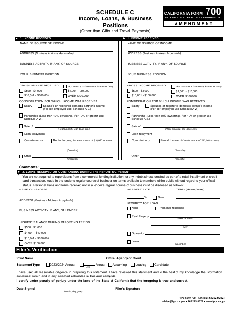 FPPC Form 700 Schedule C Income, Loans, & Business Positions (Other Than Gifts and Travel Payments) - Amendment - California, 2024