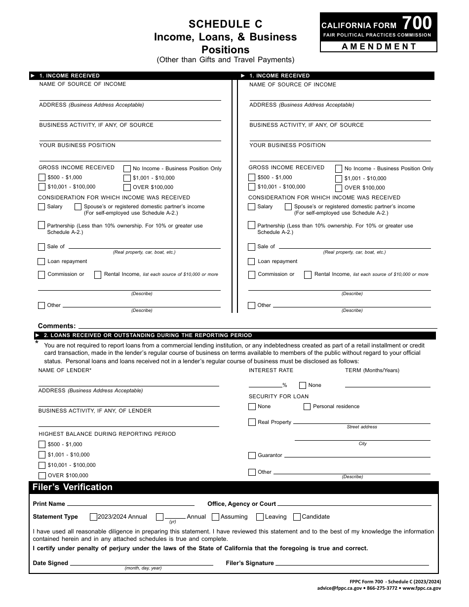 FPPC Form 700 Schedule C Income, Loans,  Business Positions (Other Than Gifts and Travel Payments) - Amendment - California, Page 1