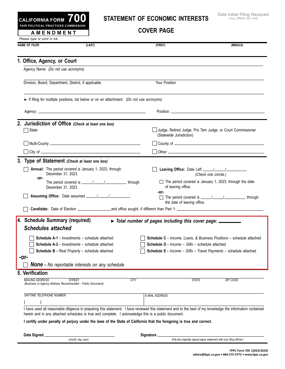 FPPC Form 700 Statement of Economic Interests - Cover Page - Amendment - California, Page 1