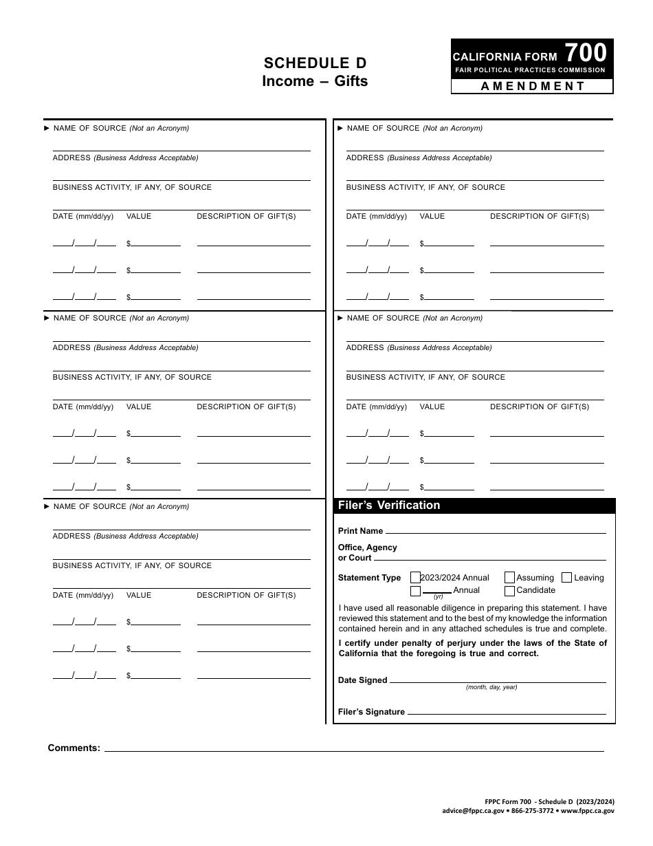 FPPC Form 700 Schedule D Income - Gifts - Amendment - California, Page 1