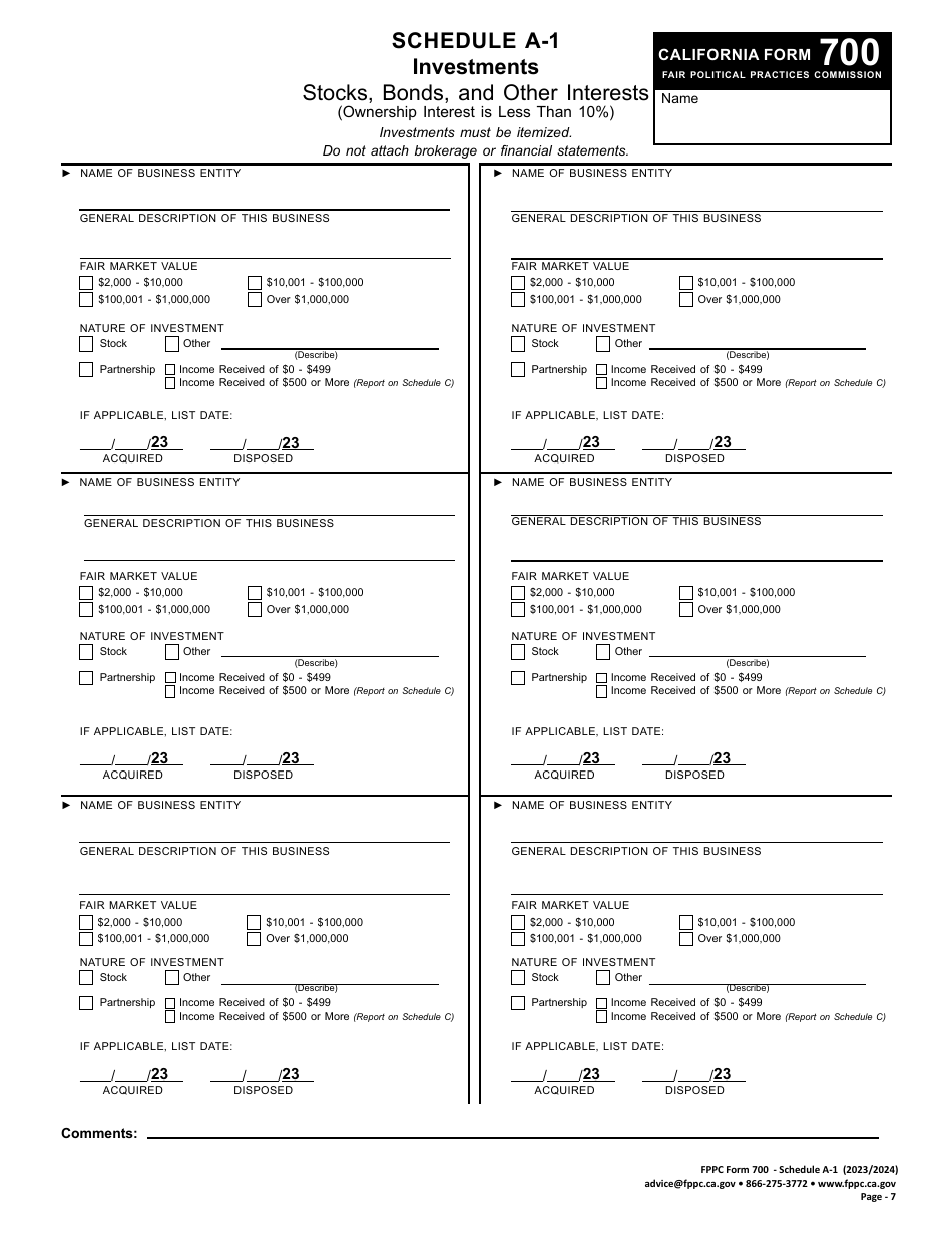 FPPC Form 700 Schedule A-1 Investments - Stocks, Bonds, and Other Interests (Ownership Interest Is Less Than 10%) - California, Page 1