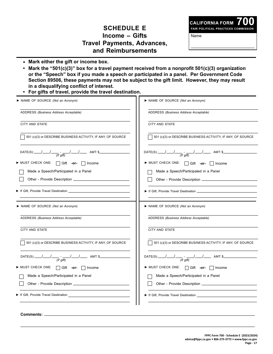 FPPC Form 700 Schedule E Income - Gifts Travel Payments, Advances, and Reimbursements - California, Page 1
