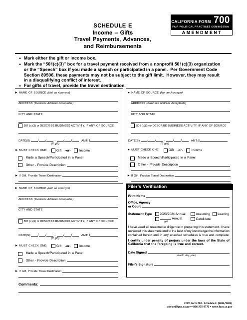 FPPC Form 700 Schedule E Income - Gifts Travel Payments, Advances, and Reimbursements - Amendment - California, 2024