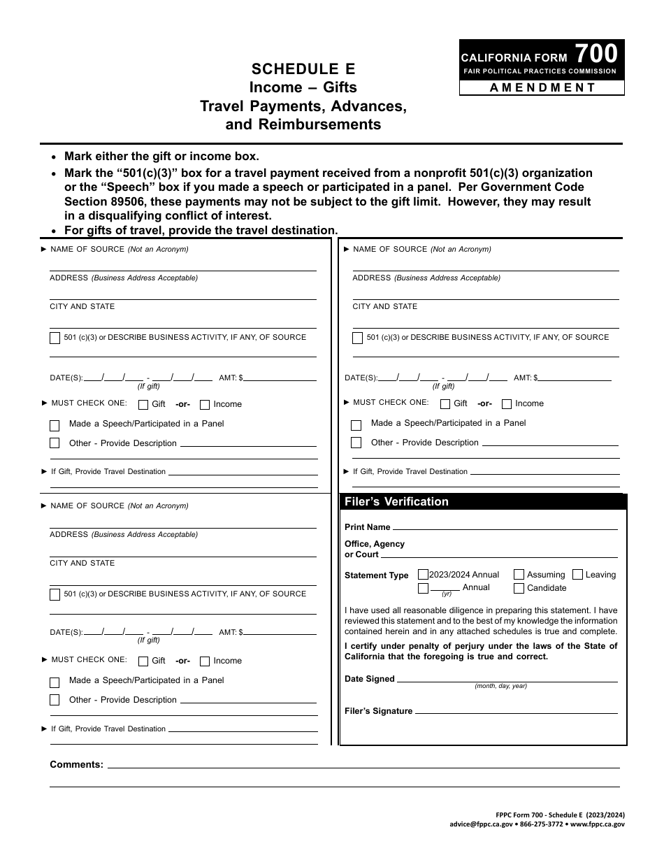 FPPC Form 700 Schedule E Income - Gifts Travel Payments, Advances, and Reimbursements - Amendment - California, Page 1