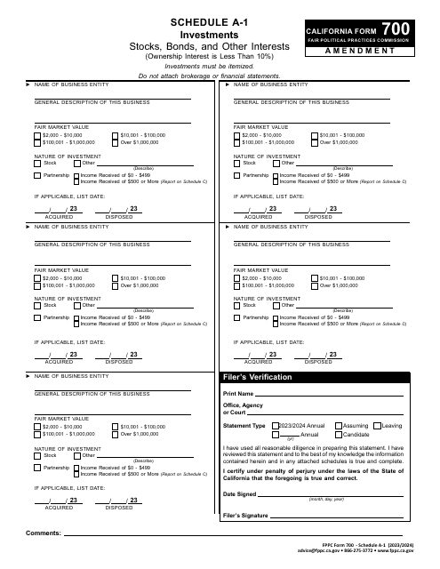 FPPC Form 700 Schedule A-1 Investments - Stocks, Bonds, and Other Interests (Ownership Interest Is Less Than 10%) - Amendment - California, 2024
