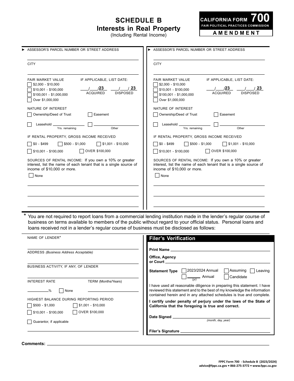 FPPC Form 700 Schedule B Interests in Real Property (Including Rental Income) - Amendment - California, Page 1