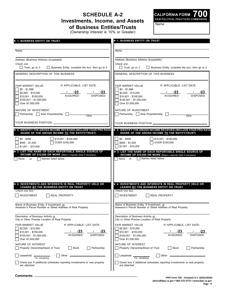 FPPC Form 700 Schedule A-2 Investments, Income, and Assets of Business Entities / Trusts (Ownership Interest Is 10% or Greater) - California, Page 1