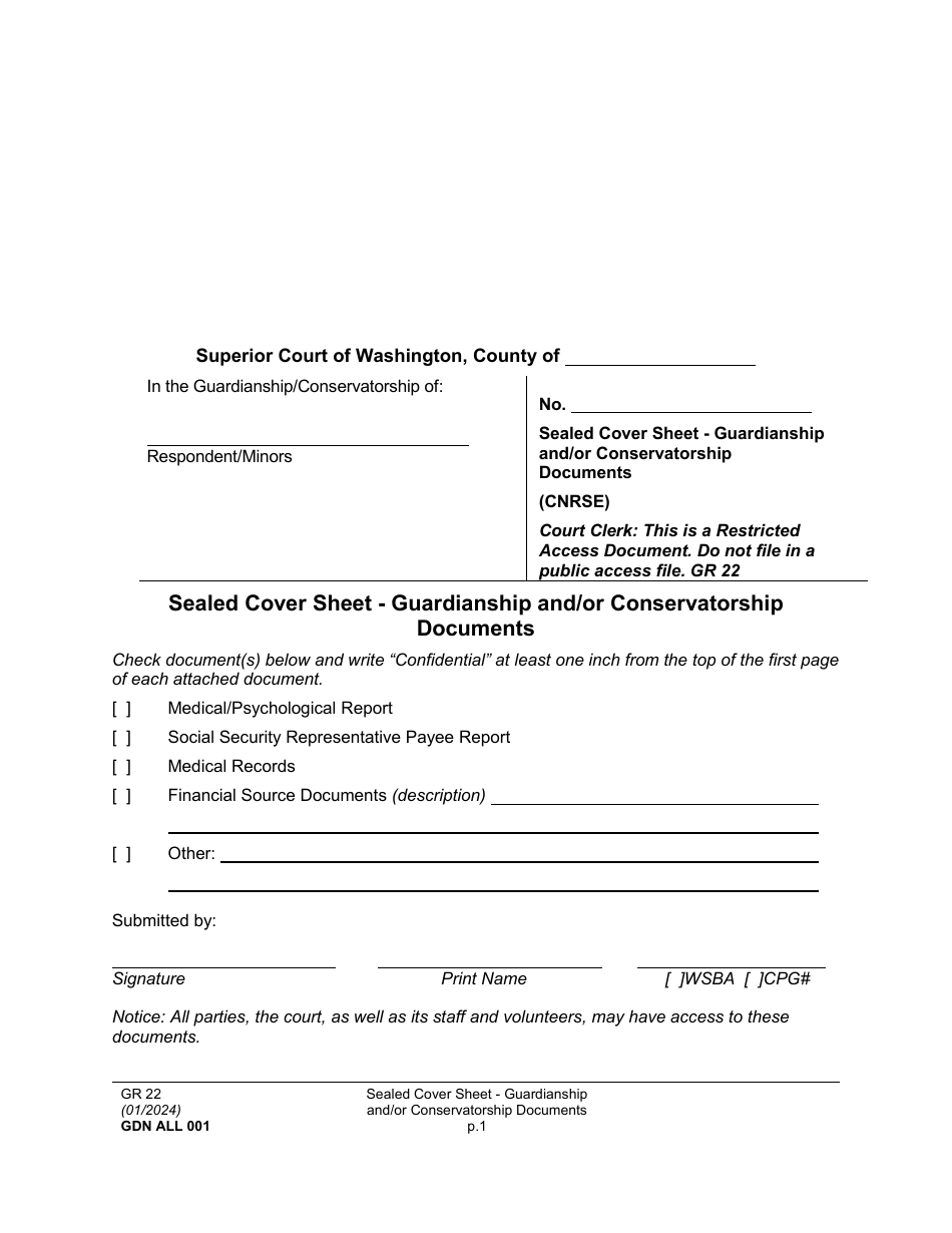 Form GDN ALL001 Sealed Cover Sheet - Guardianship and / or Conservatorship Documents - Washington, Page 1