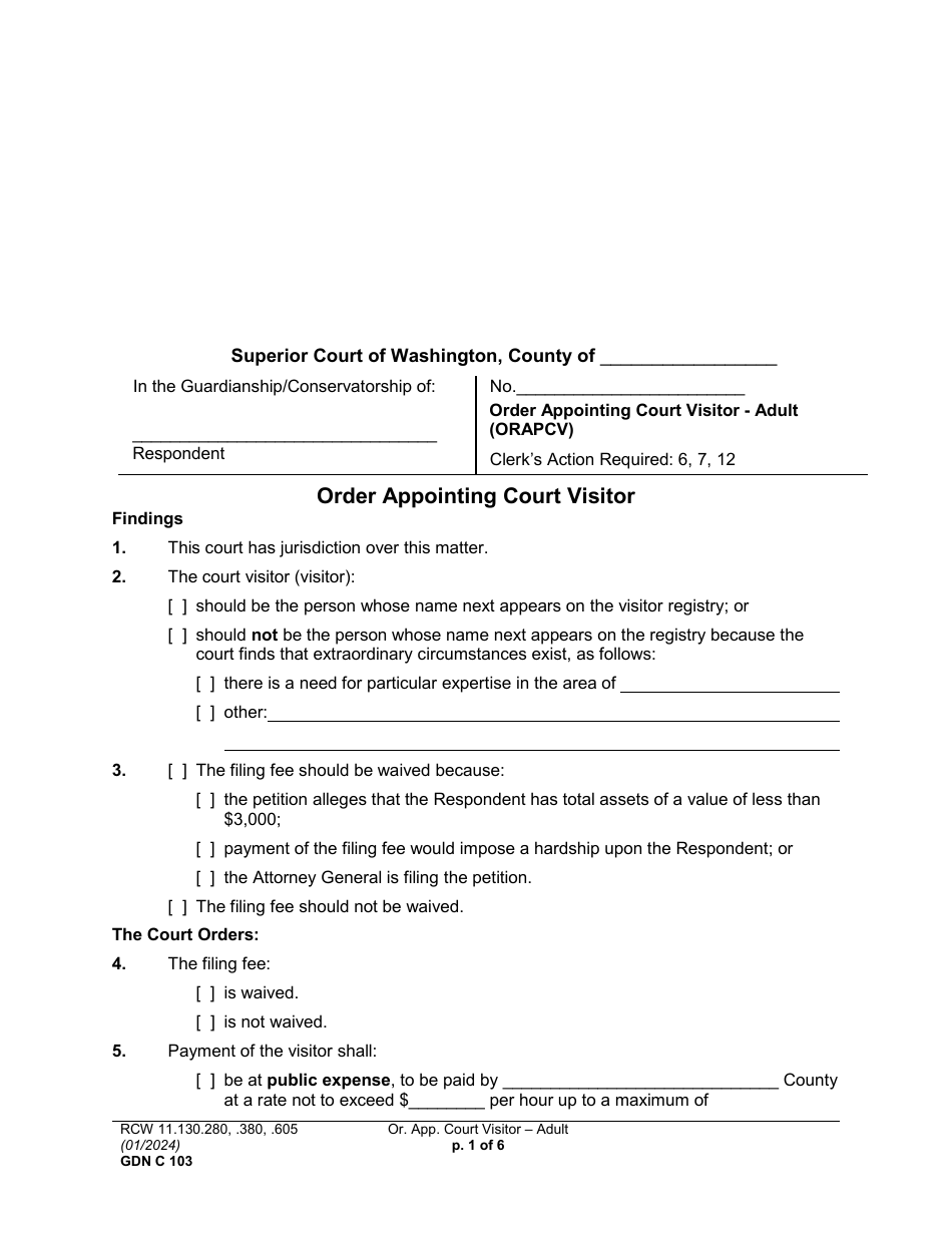 Form GDN C103 Order Appointing Court Visitor - Adult - Washington, Page 1