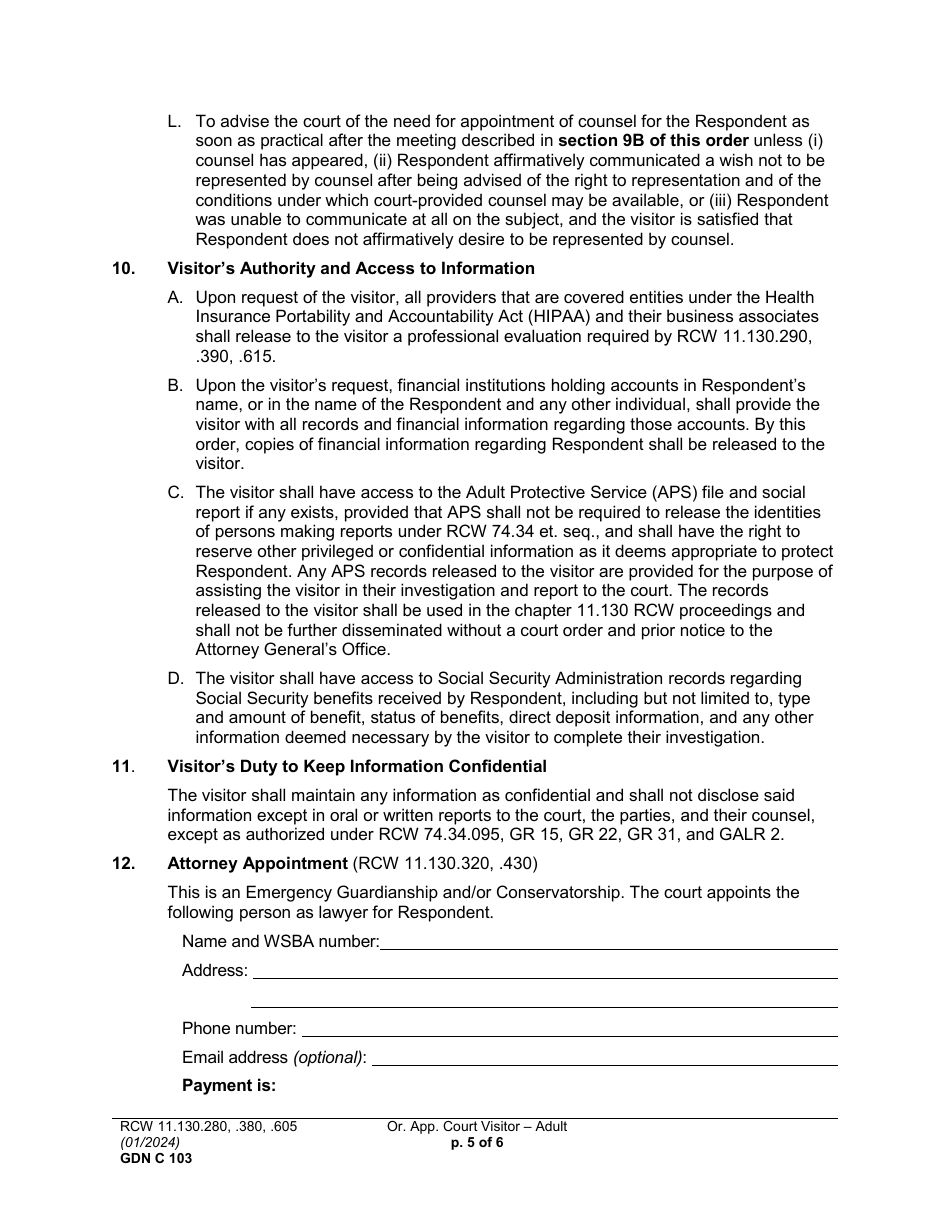Form GDN C103 Order Appointing Court Visitor - Adult - Washington, Page 5