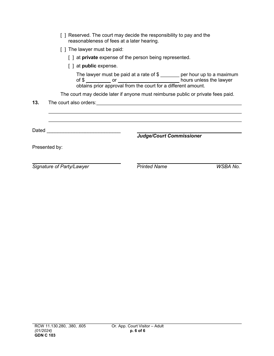Form GDN C103 Order Appointing Court Visitor - Adult - Washington, Page 6