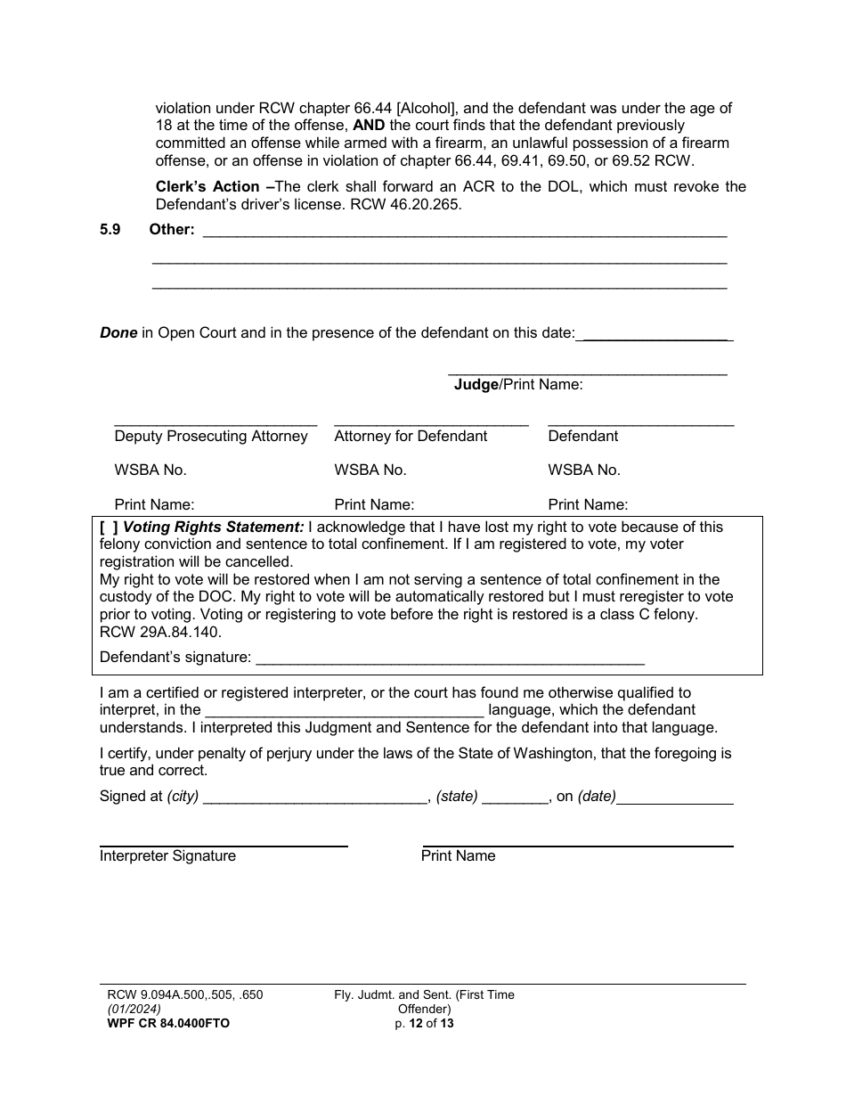 Form WPF CR84.0400FTO Felony Judgment and Sentence - First-Time Offender - Washington, Page 12