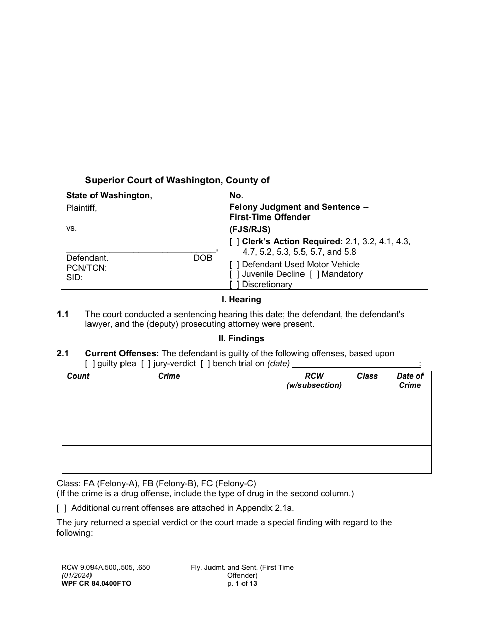 Form WPF CR84.0400FTO Felony Judgment and Sentence - First-Time Offender - Washington, Page 1